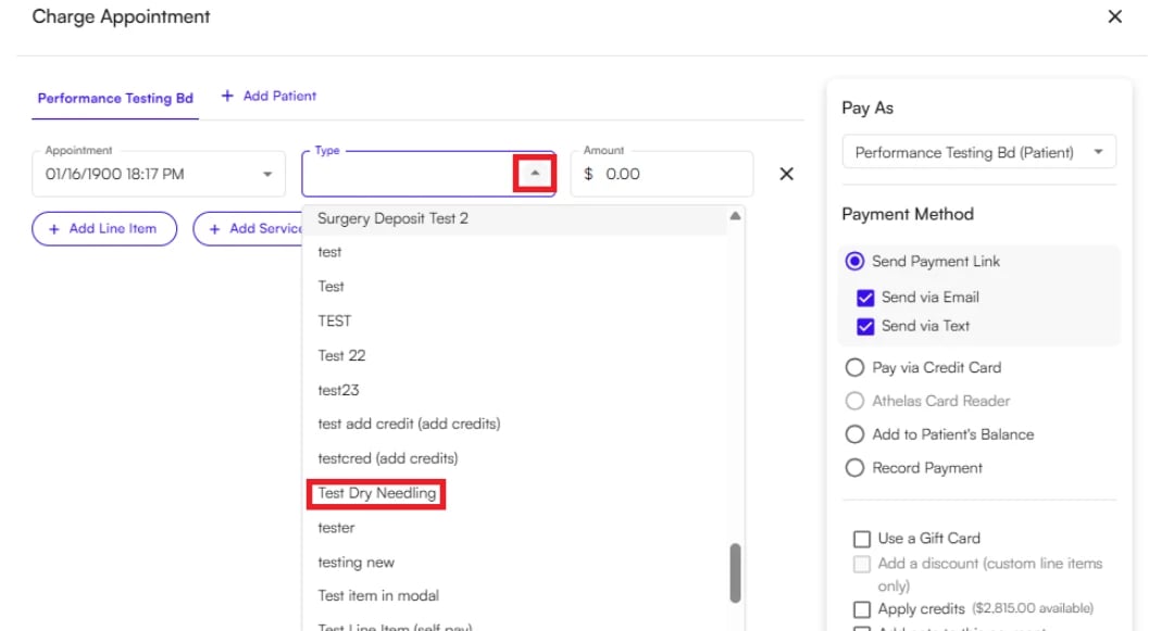Selecting a custom line item from the Type dropdown in the Charge Appointment flow