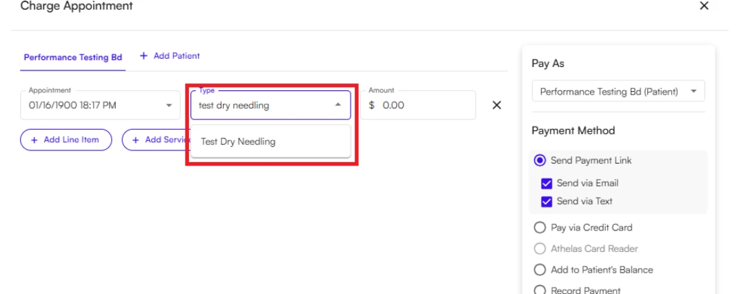 Searching for a custom line item by name in the Charge Appointment flow