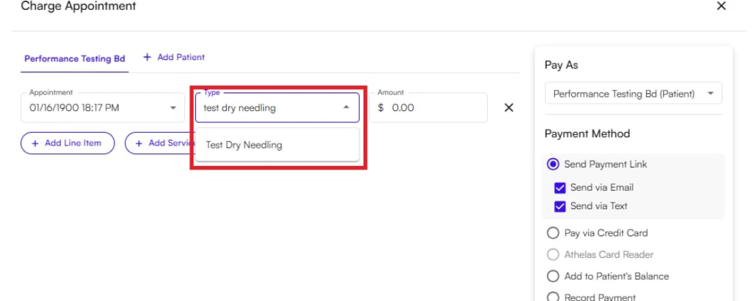 Searching for a custom line item by name in the Charge Appointment flow