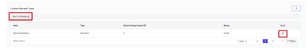Custom Payment Types table with the pencil icon selected to edit a line item