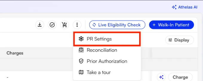 Accessing the PR Settings menu from the Appointments page