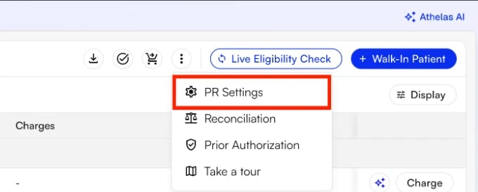 Accessing the PR Settings menu from the Appointments page