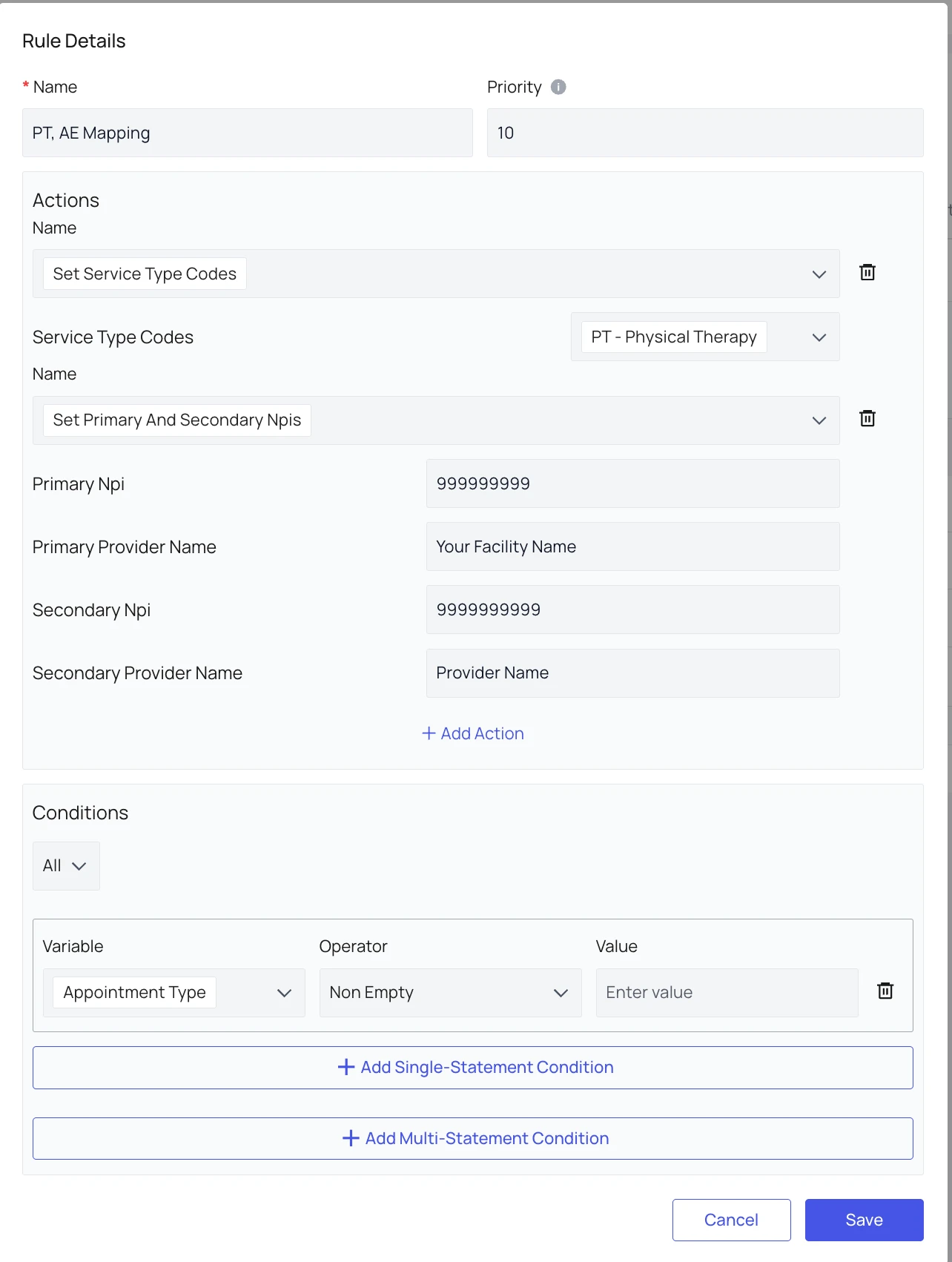 Example appointment rule mapping to service type codes and NPIs