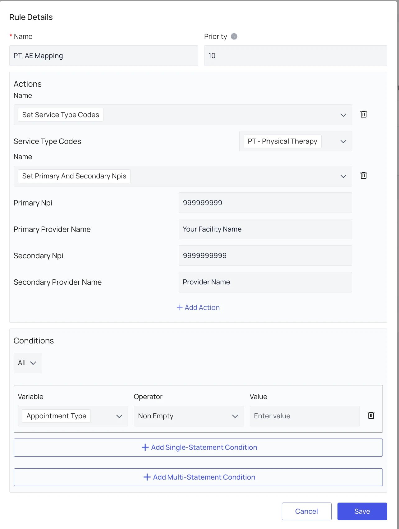Example appointment rule mapping to service type codes and NPIs