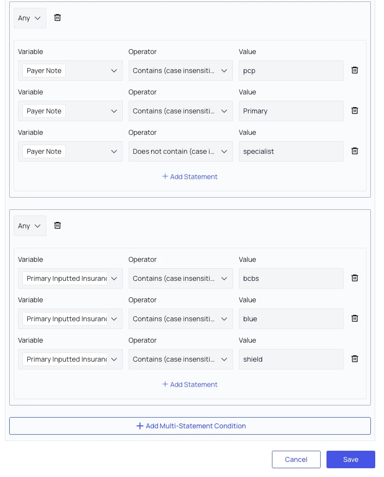 Parser rule conditions matching payer note and insurance name