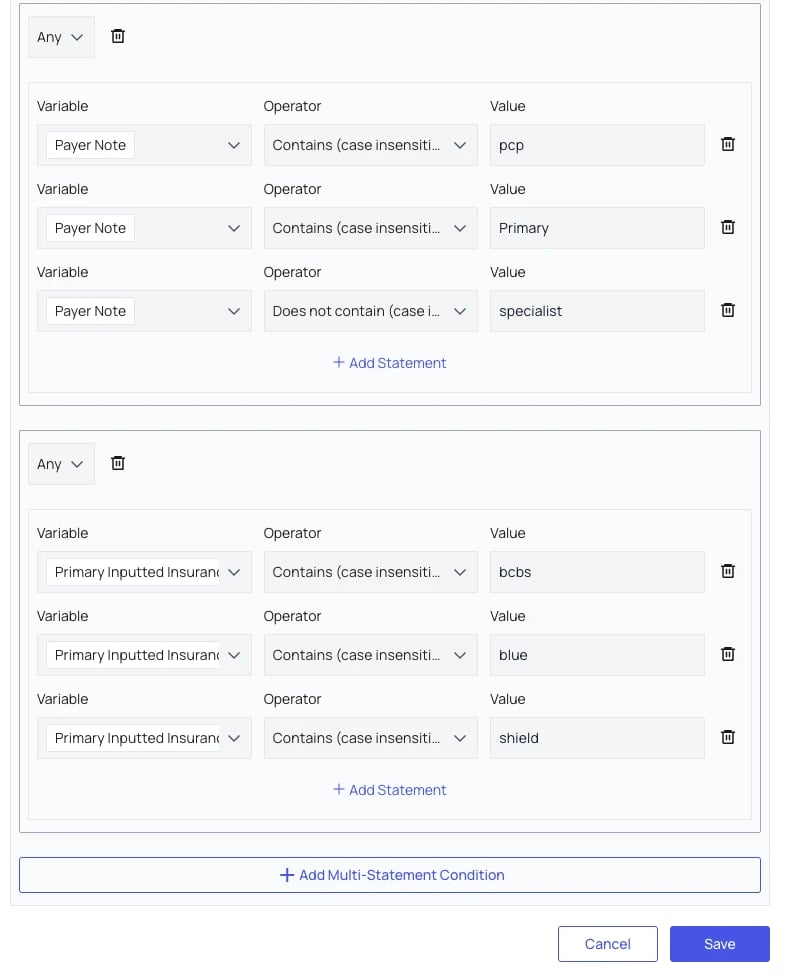 Parser rule conditions matching payer note and insurance name
