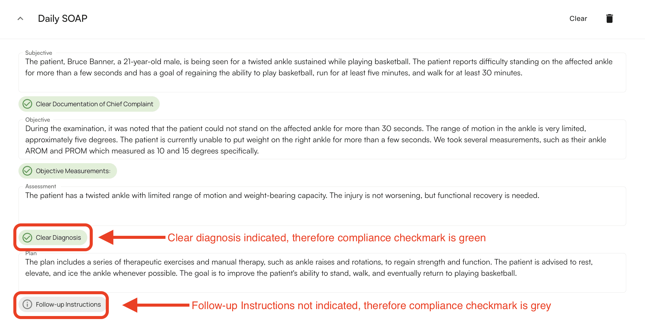 Compliance checkmarks showing grey and green status indicators
