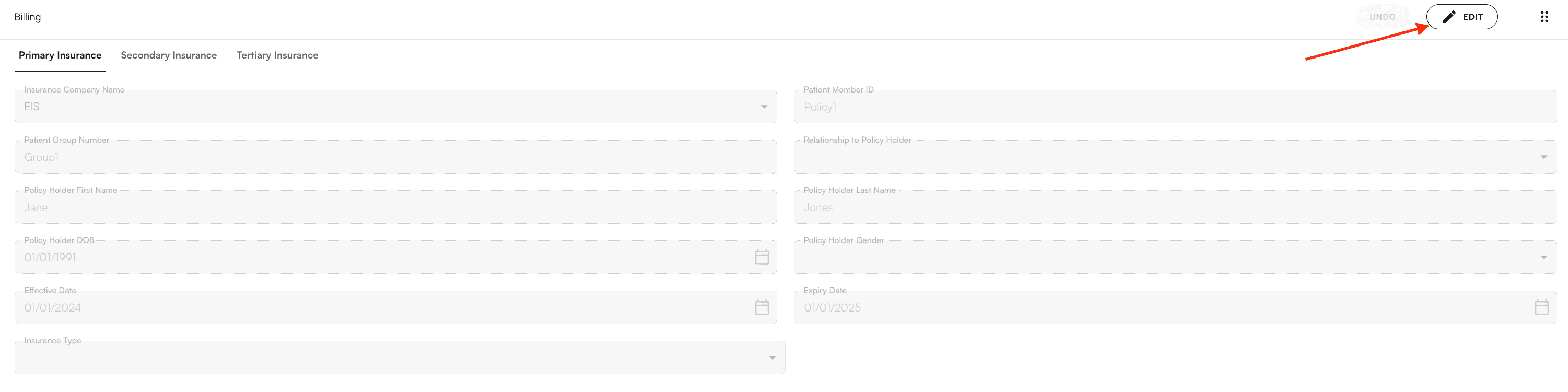 Billing section with edit option