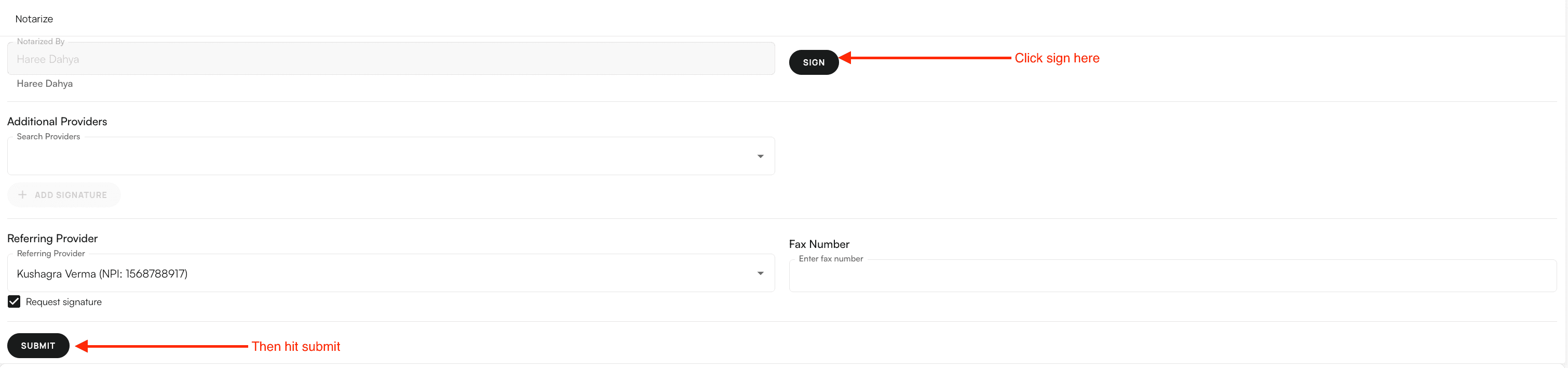 Notarize section with signature and submit button