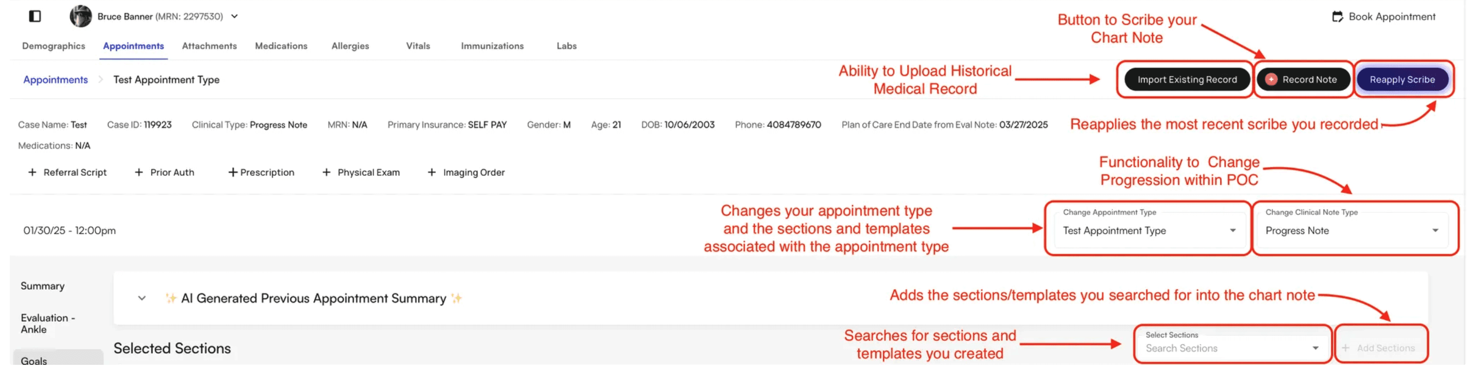 Chart note interface with setup buttons