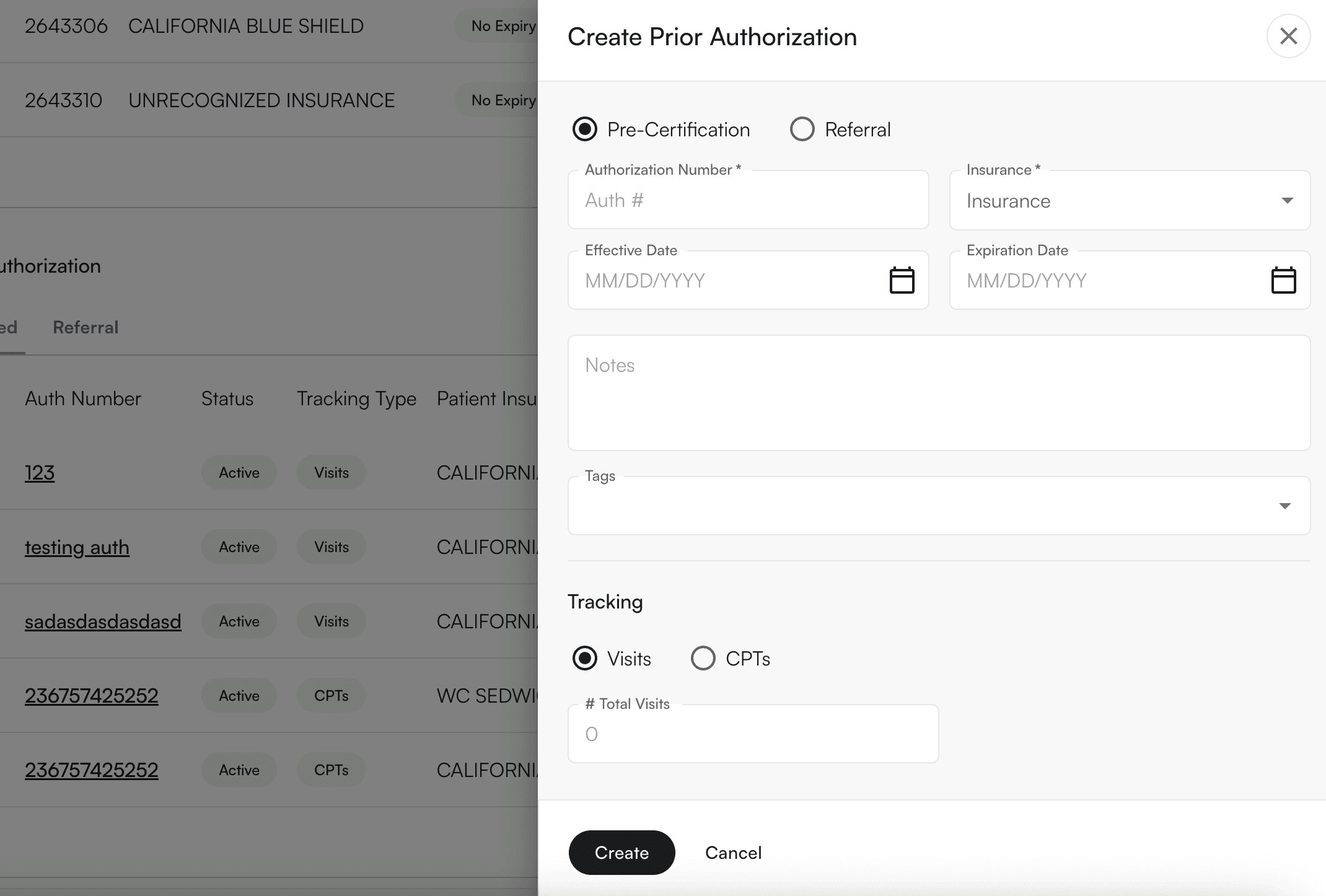 Prior authorization creation form with auth number, visits, dates, and insurance fields