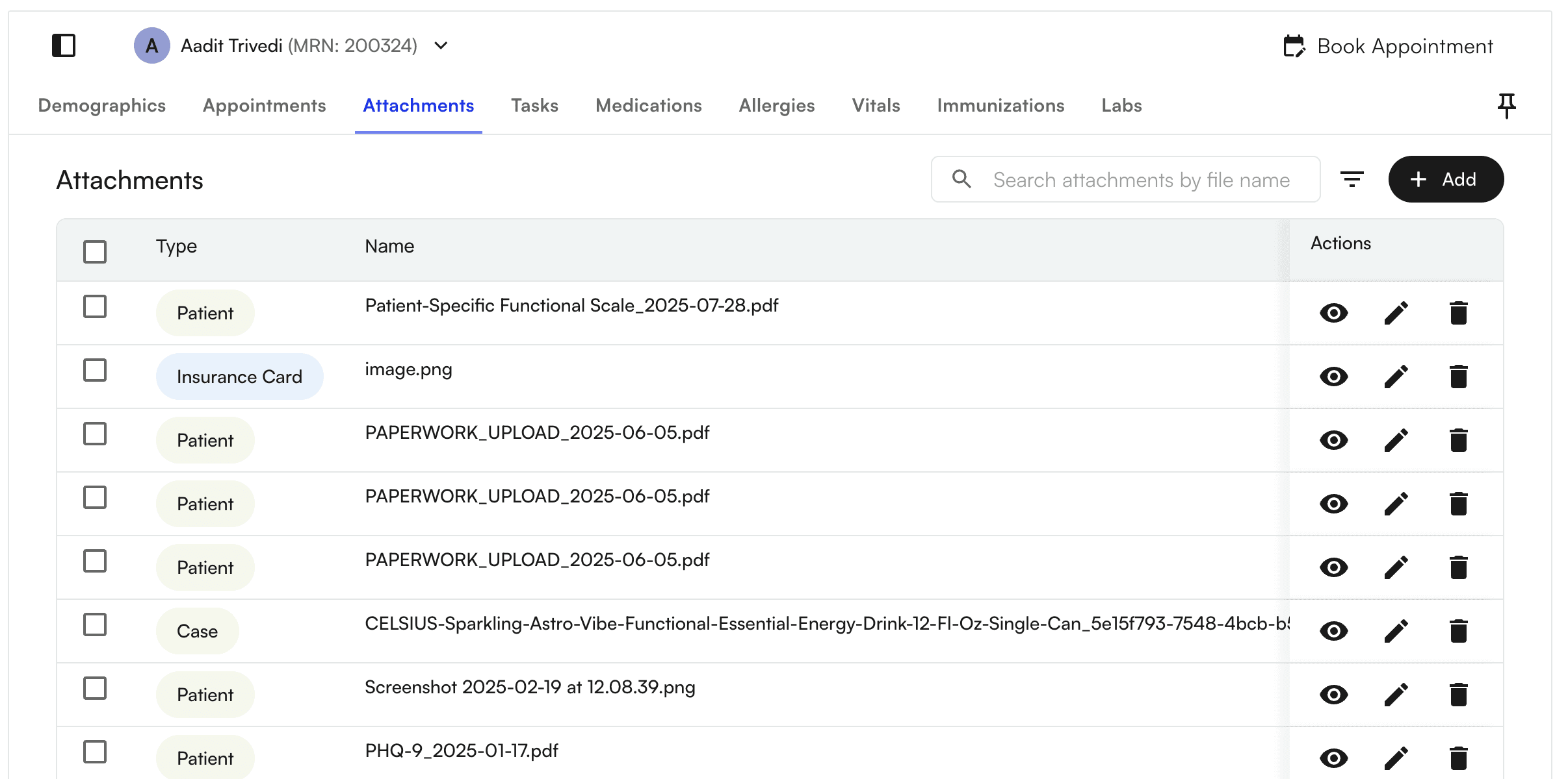 Patient attachments tab showing intake forms and uploaded documents