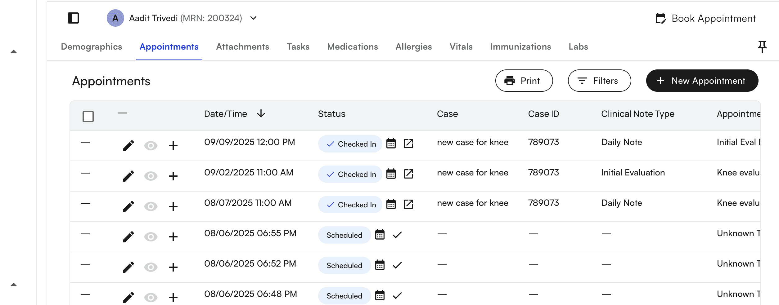 New Appointment and Book Appointment buttons