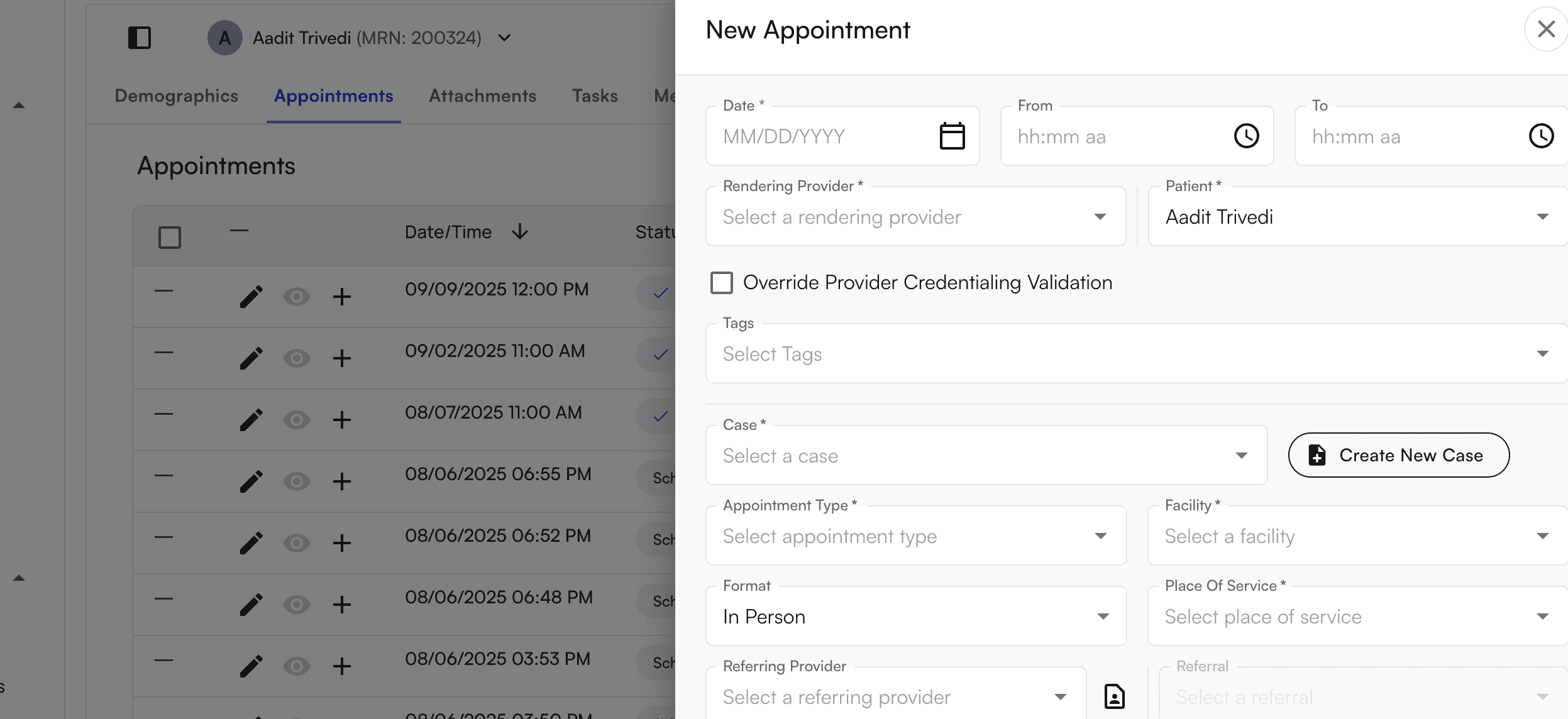 Appointment creation side panel with form fields