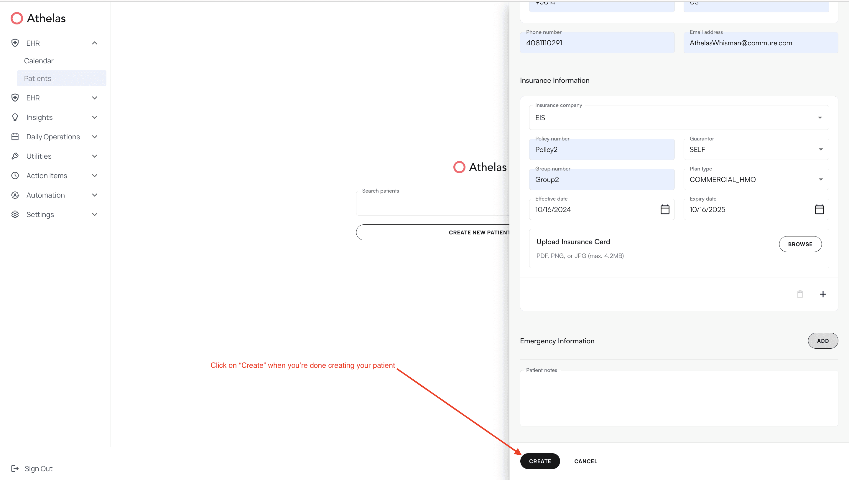 Create button at bottom of patient creation form