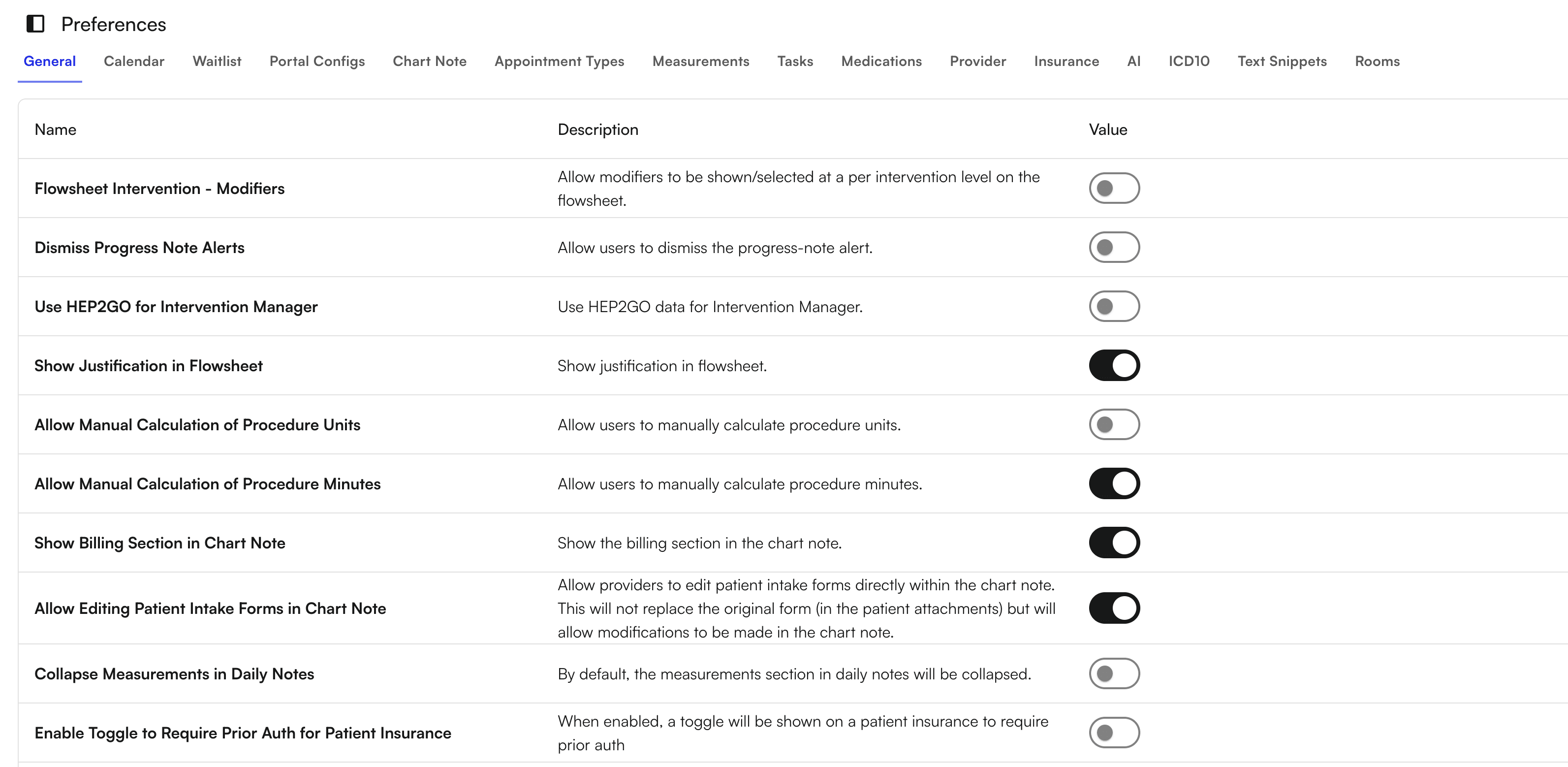 General preferences settings page showing options for modifiers, justifications, alerts, manual calculations, and provider editing