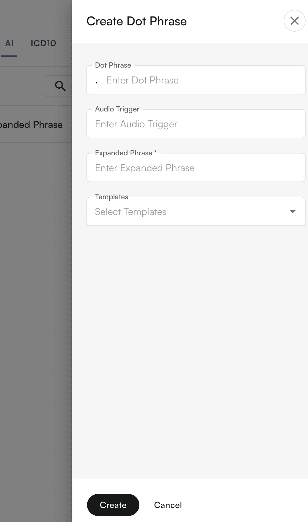 AI preferences page showing dot phrase configuration for AI scribe documentation