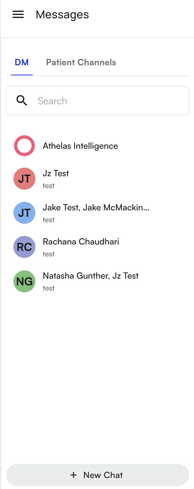 Messages tab with DM list and New Chat button