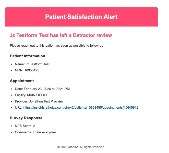Detractor email alert configuration