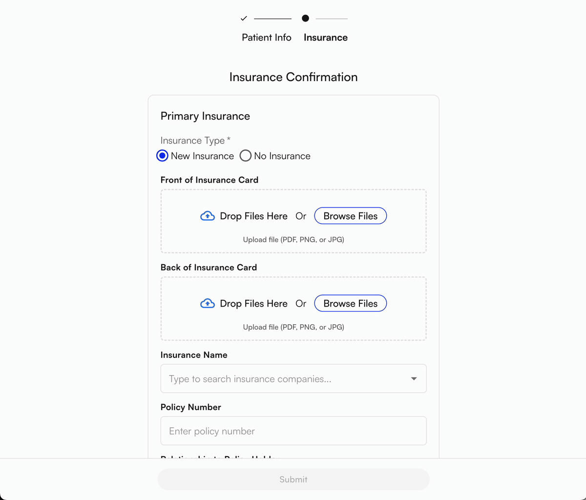 Insurance update screen with card upload