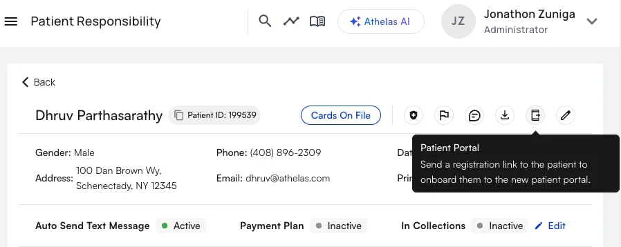 Send a registration link from the Patient Responsibility page
