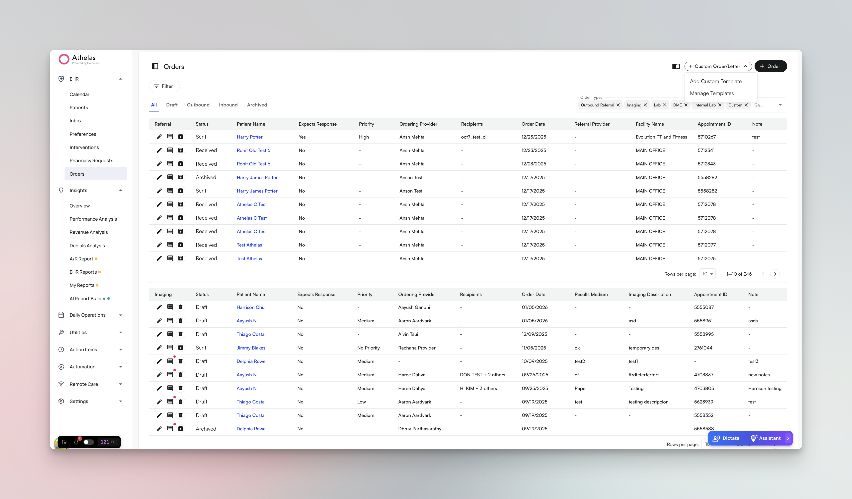 Custom Orders and Letters interface showing template builder