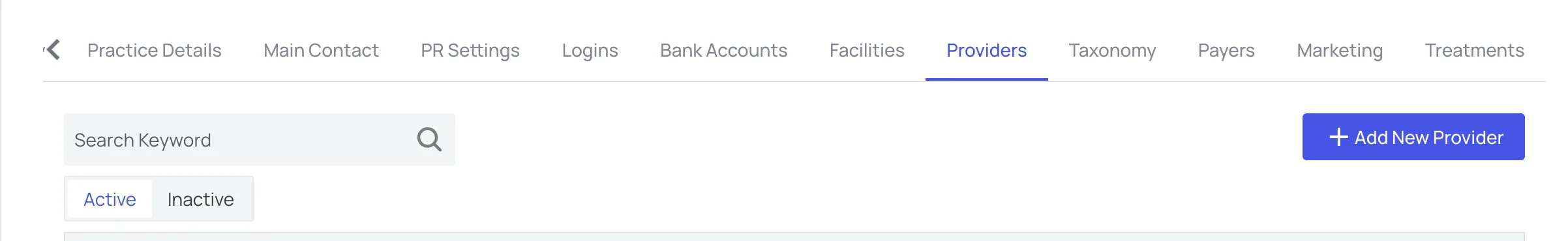 The Providers tab of My Practice, with a search box, Active and Inactive tabs, and the Add New Provider button