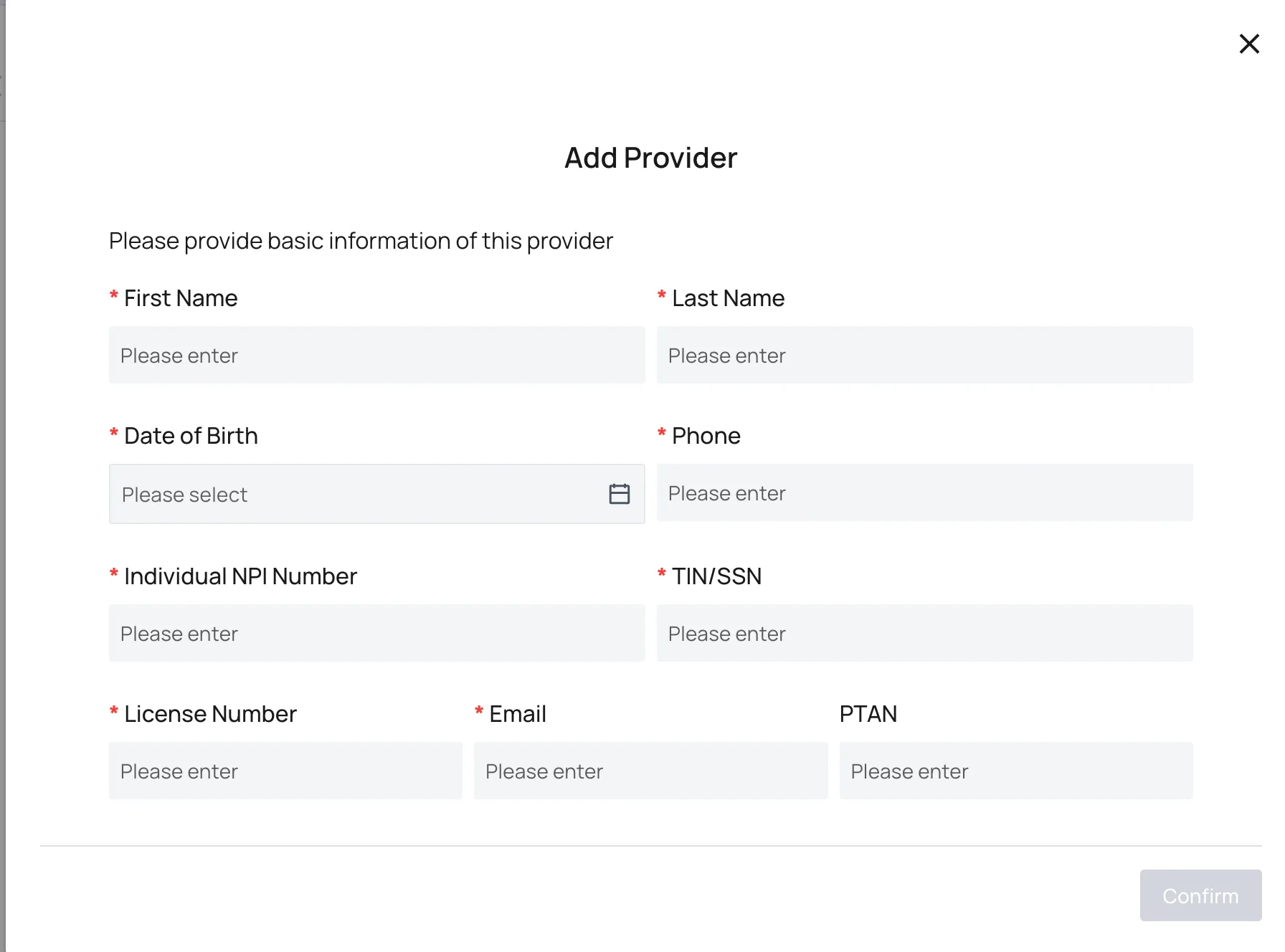 The Add Provider form with fields for name, date of birth, phone, NPI, TIN or SSN, license number, email, and PTAN