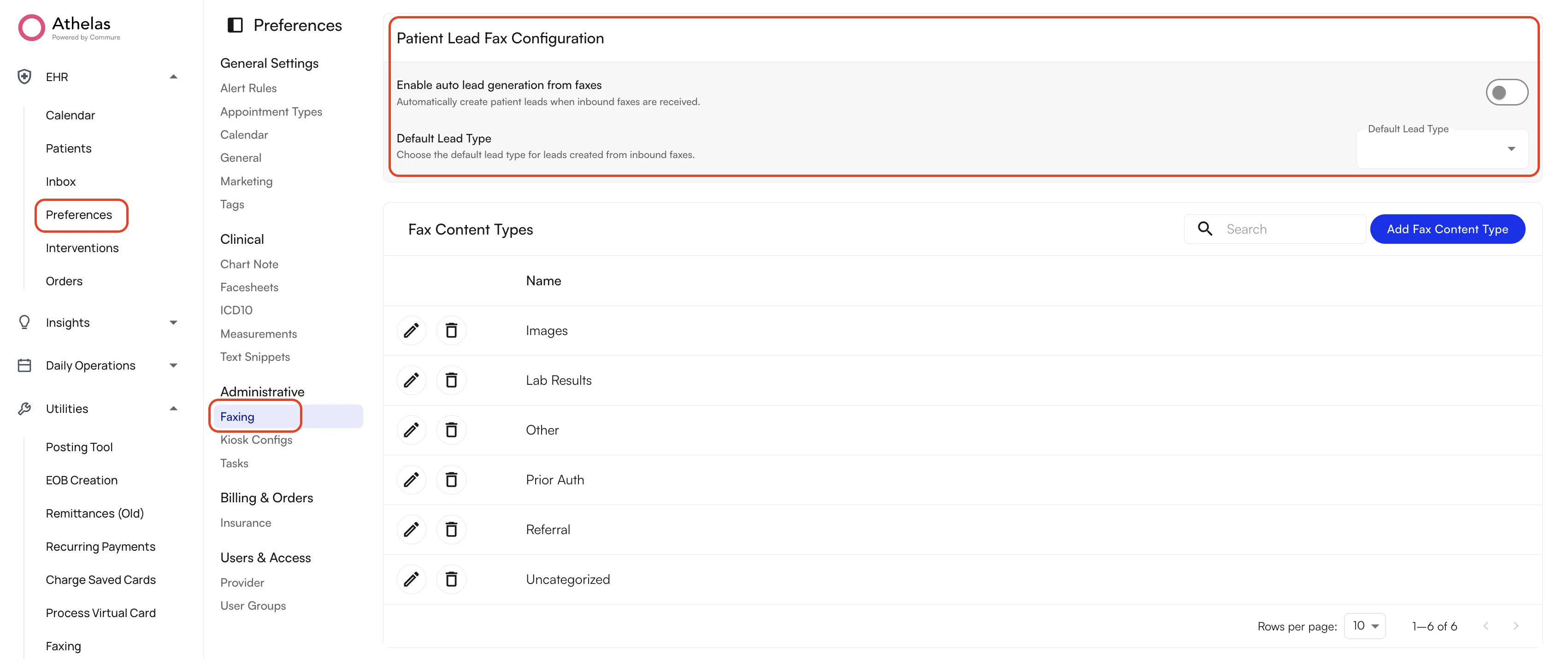 Faxing preferences showing the Patient Lead Fax Configuration section with the Enable auto lead generation from faxes toggle and the Default Lead Type setting