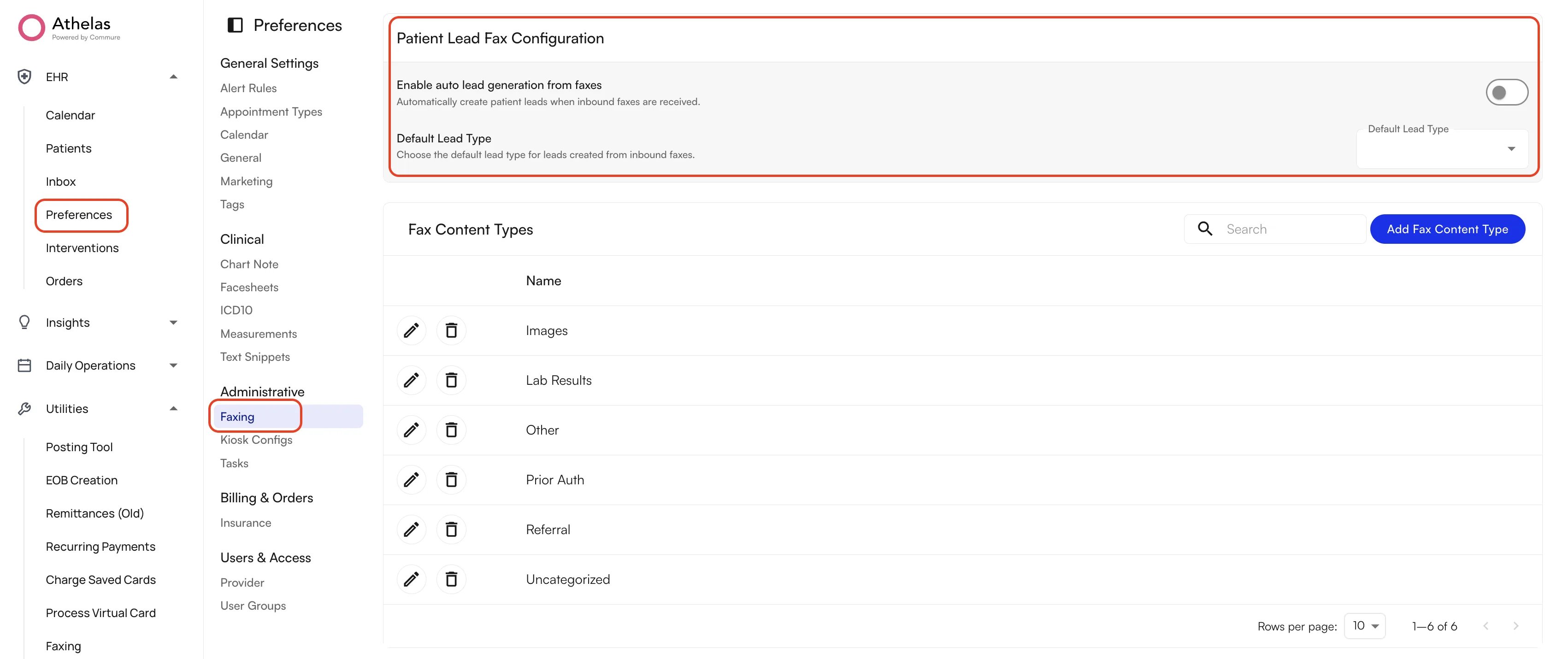 Faxing preferences showing the Patient Lead Fax Configuration section with the Enable auto lead generation from faxes toggle and the Default Lead Type setting