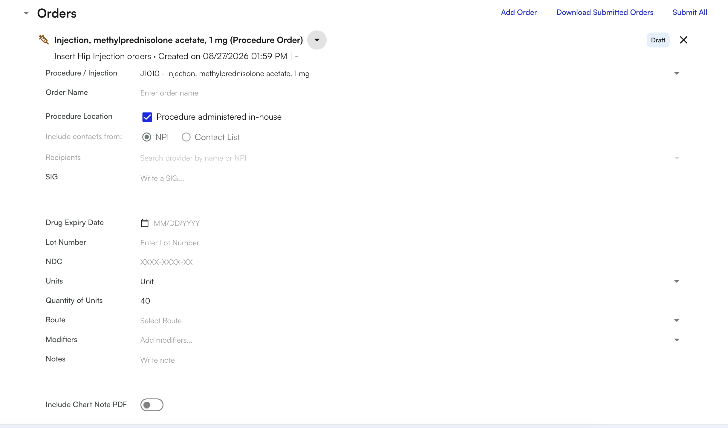 A draft procedure order for a methylprednisolone injection in the visit note, with fields for procedure location, SIG, drug expiry date, lot number, NDC, units, route, and modifiers