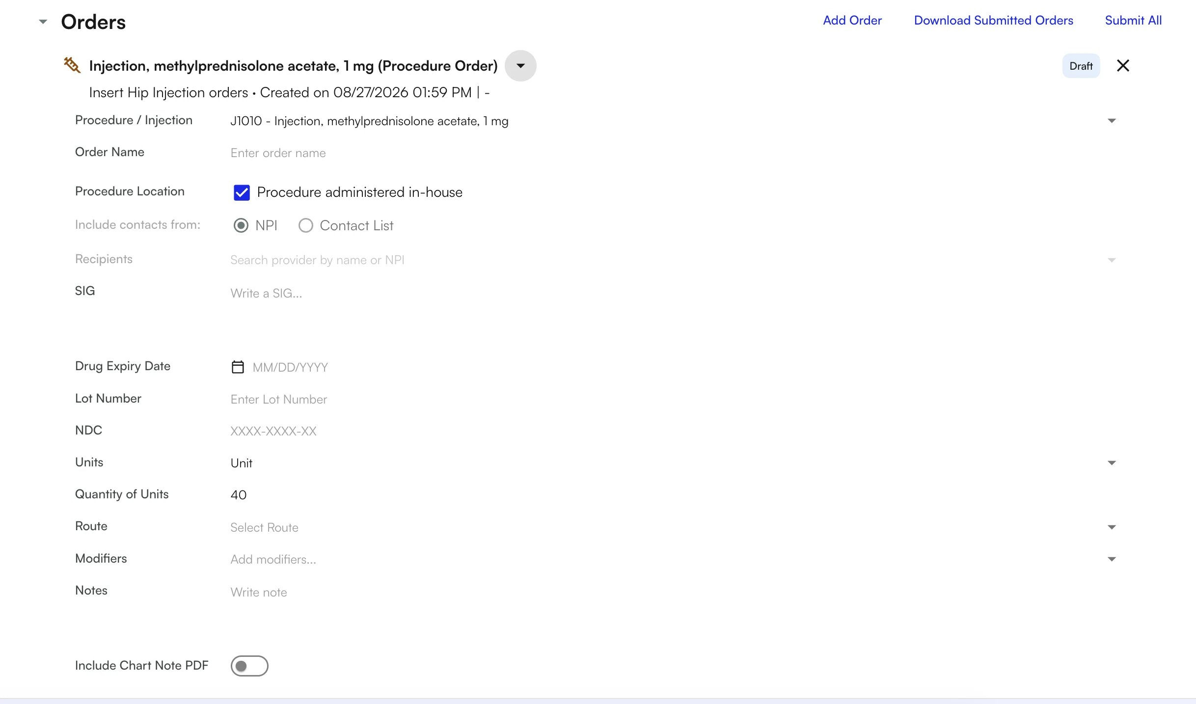A draft procedure order for a methylprednisolone injection in the visit note, with fields for procedure location, SIG, drug expiry date, lot number, NDC, units, route, and modifiers
