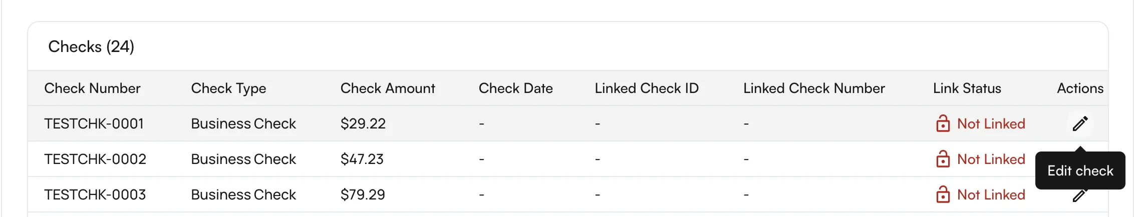 The Actions menu on an unlinked check row