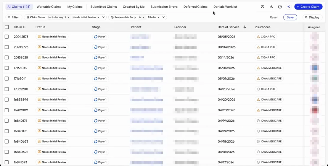 Claims Page overview showing the unified billing workflow interface with claim review, validation, assignment, and submission