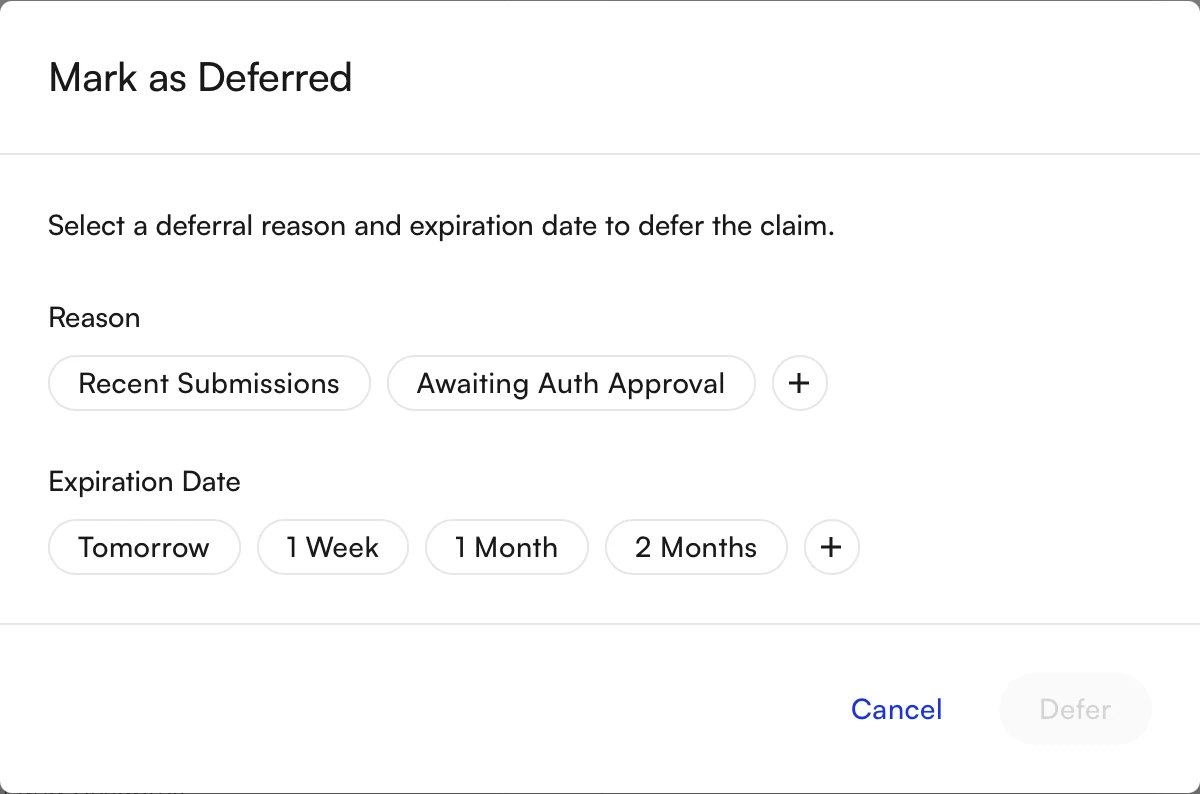 The Mark as Deferred dialog with reasons and expiration dates
