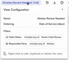 The View Configuration card for a saved view, listing its name, ordering, and filters