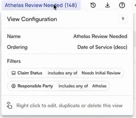 The View Configuration card for a saved view, listing its name, ordering, and filters