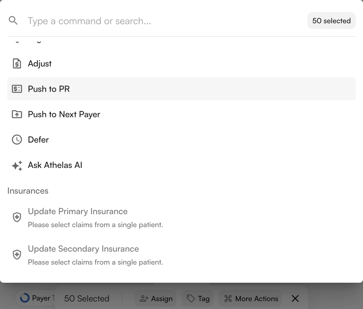 The More Actions menu open for a selection of claims