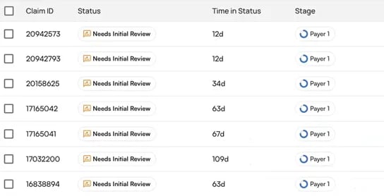 The Time in Status column next to Status, showing how long each claim has been in its status