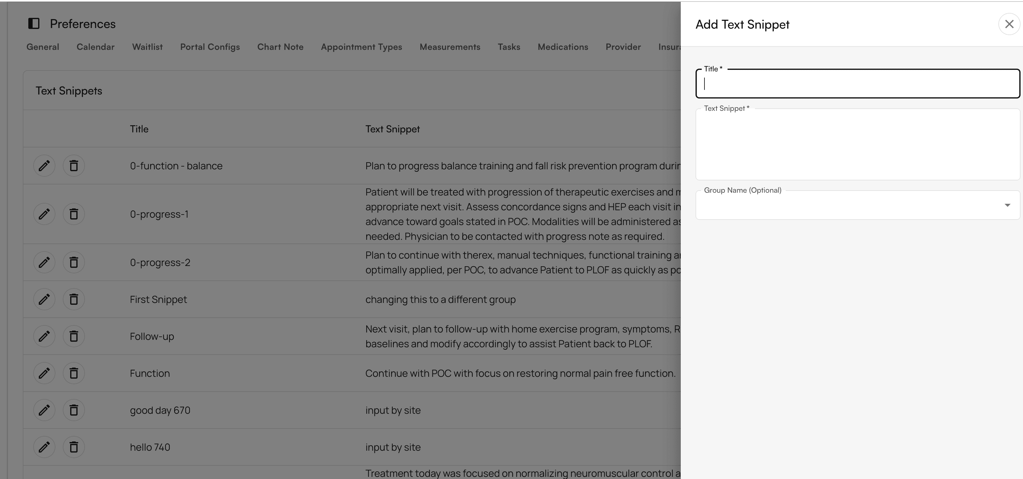 Text snippets management page showing options to create and edit reusable text templates