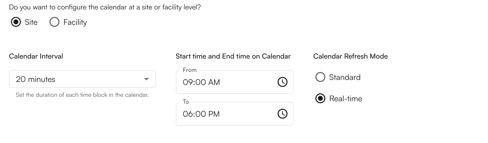 Calendar preferences page showing time block duration and start/end time configuration options