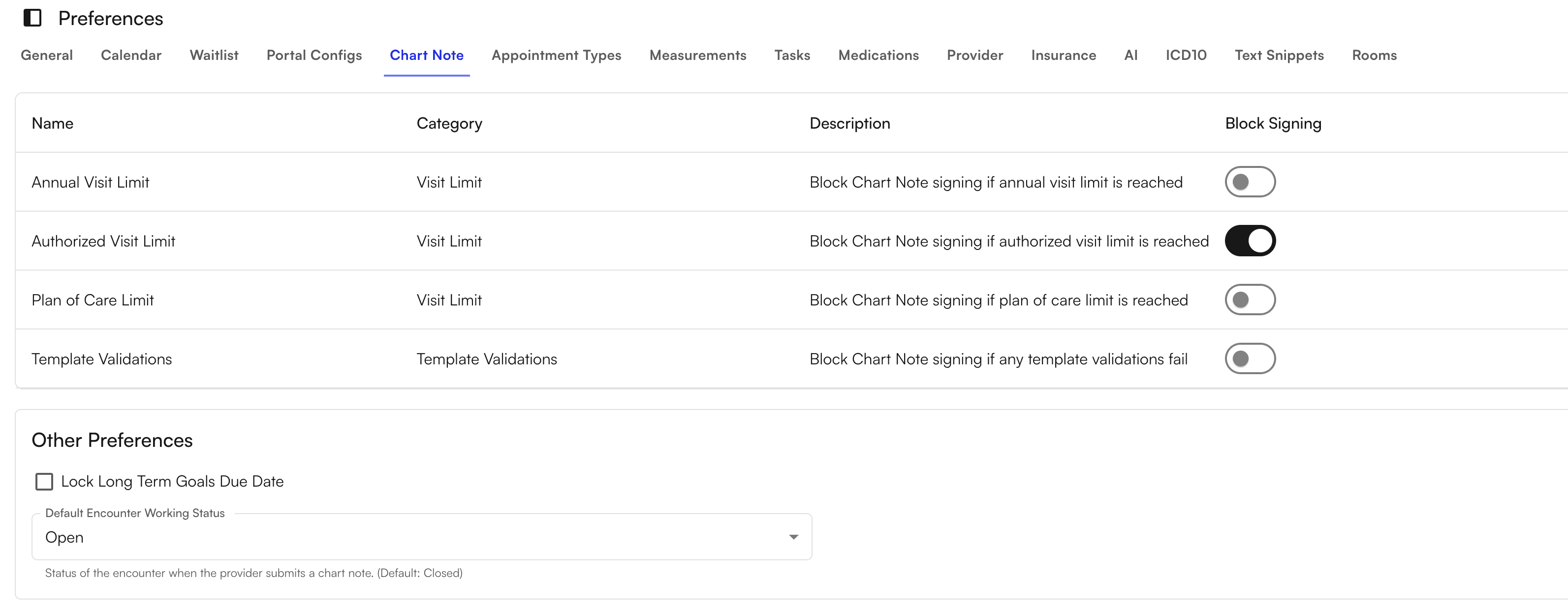 Chart note preferences showing signing restrictions and validation settings