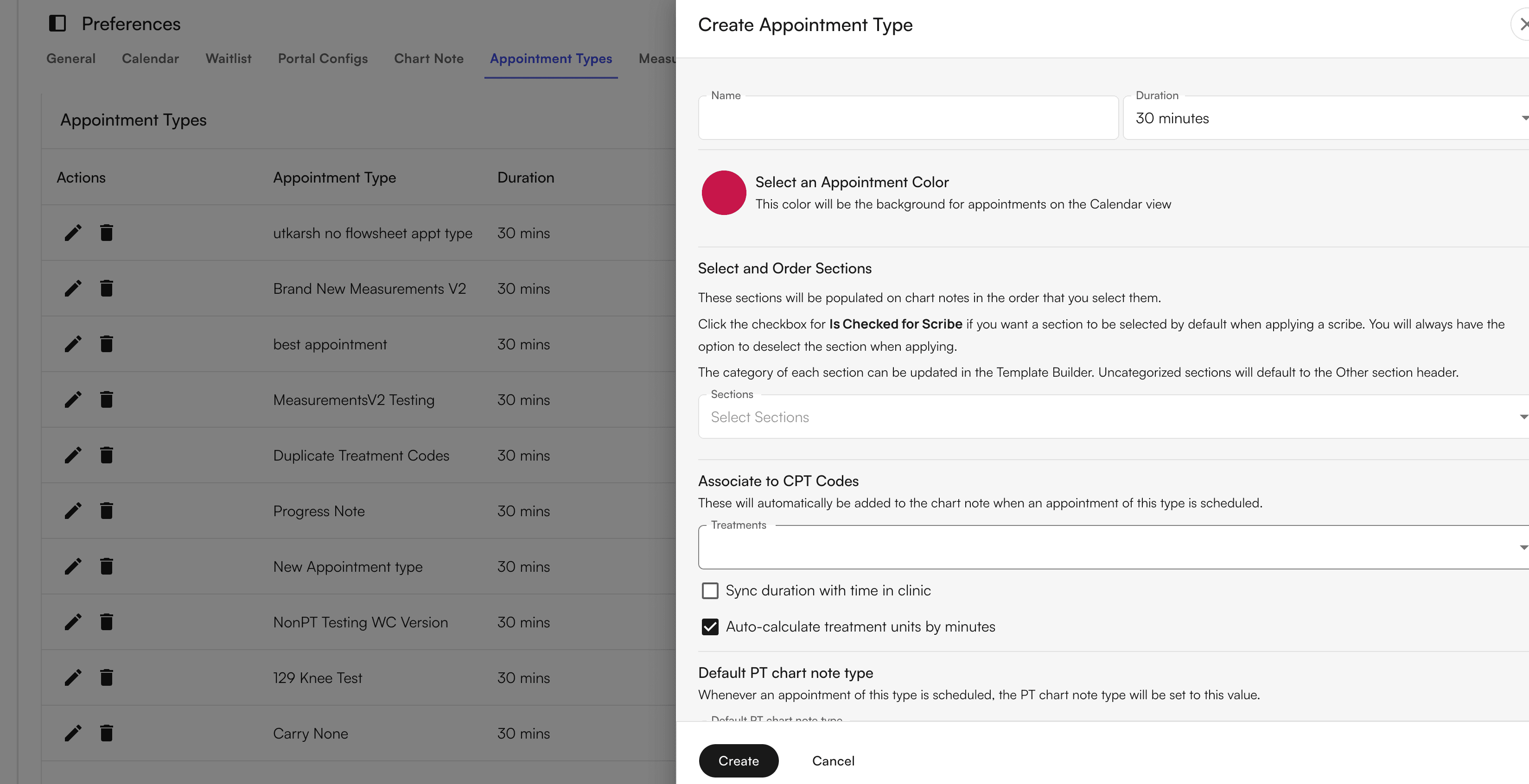 Appointment types configuration page showing options to create and customize appointment types with duration and color settings