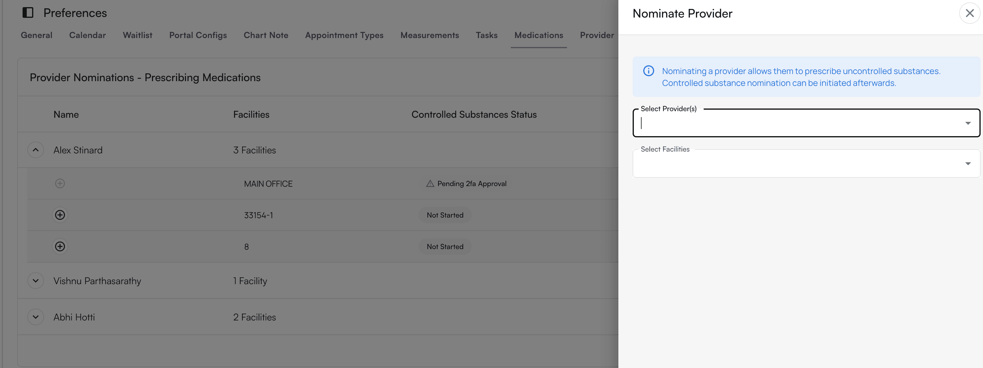 Medications preferences page showing provider nomination settings for prescribing uncontrolled substances