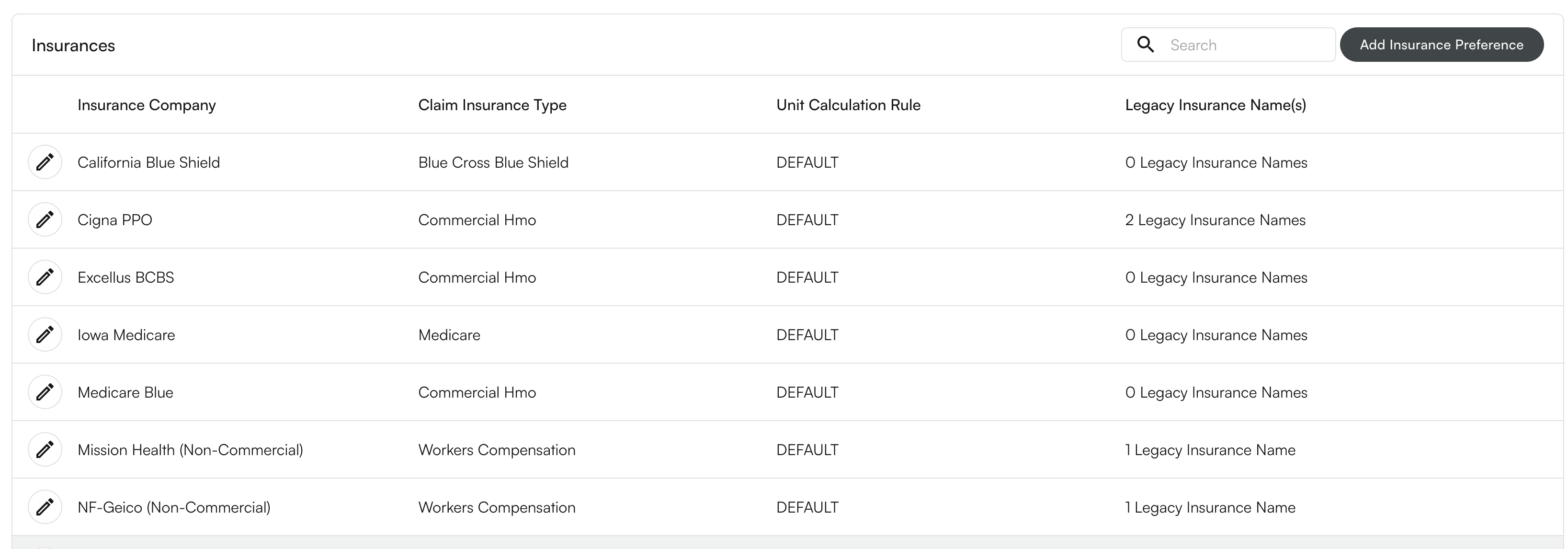 Insurance configuration page showing options to add and manage accepted insurance plans
