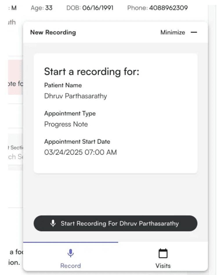 Air Scribe recording interface for the same appointment