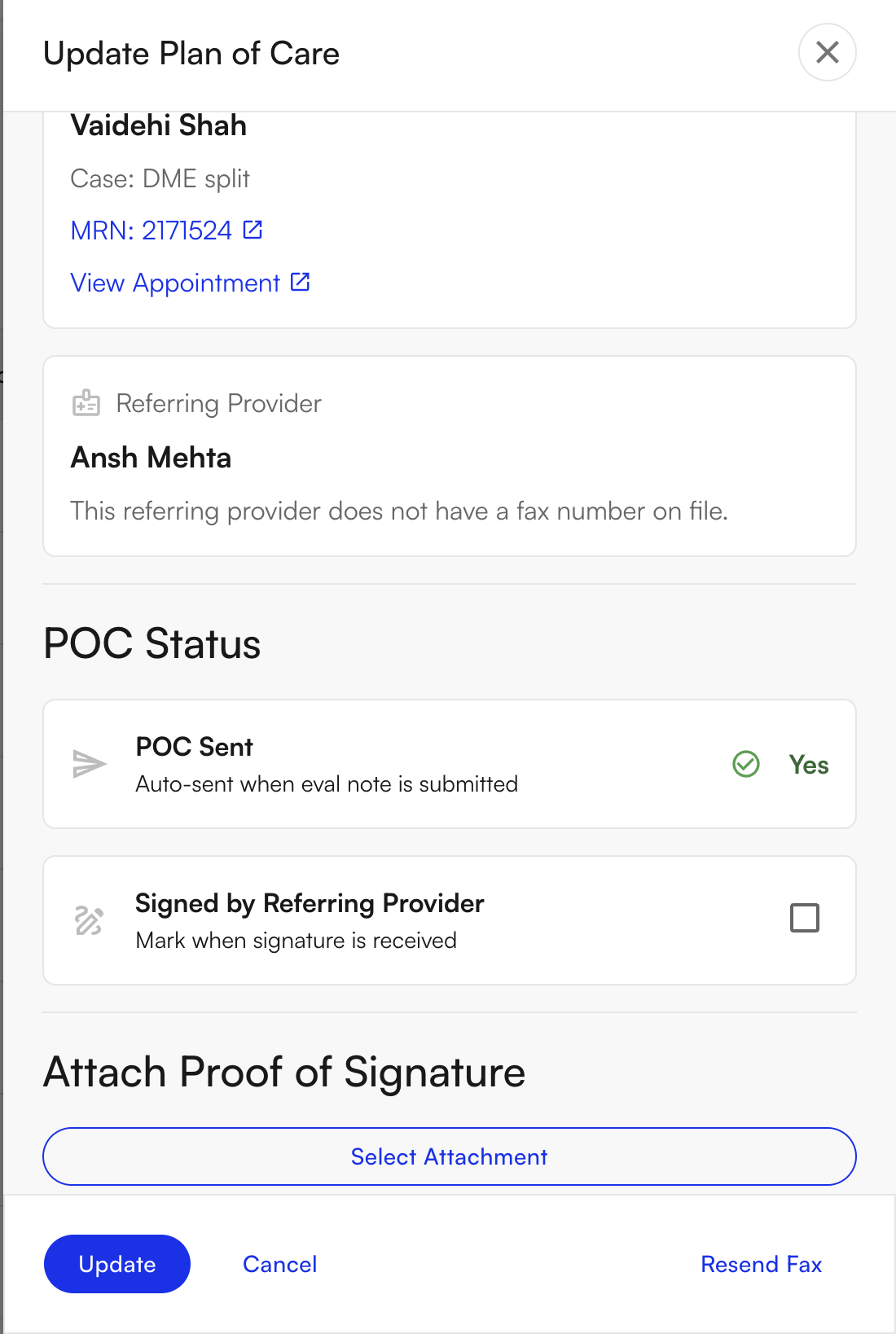 Update Plan of Care Modal Update Plan of Care modal showing POC Sent status and Attach Proof of Signature option