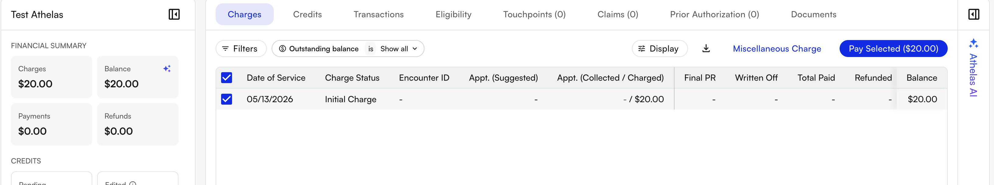 Selecting the charge and clicking Pay Balance