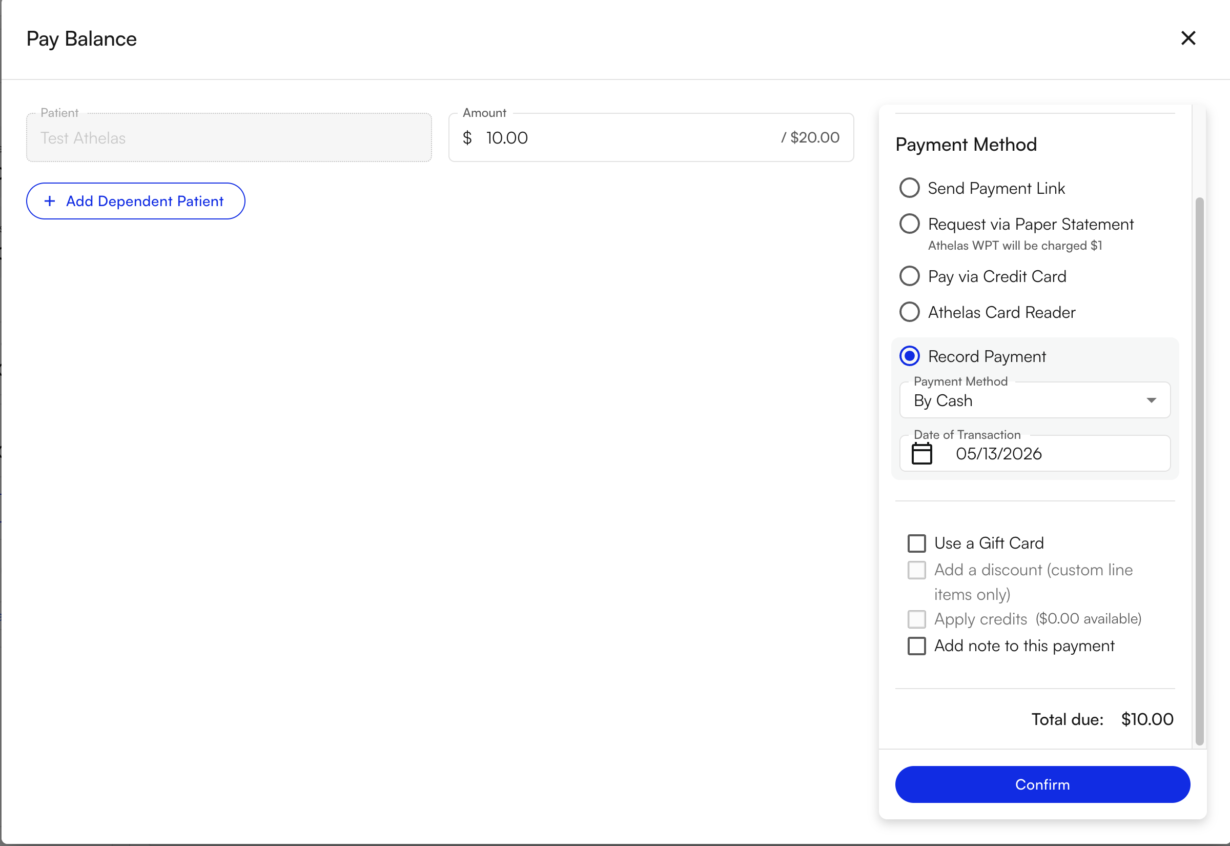 Entering the first partial payment amount and method