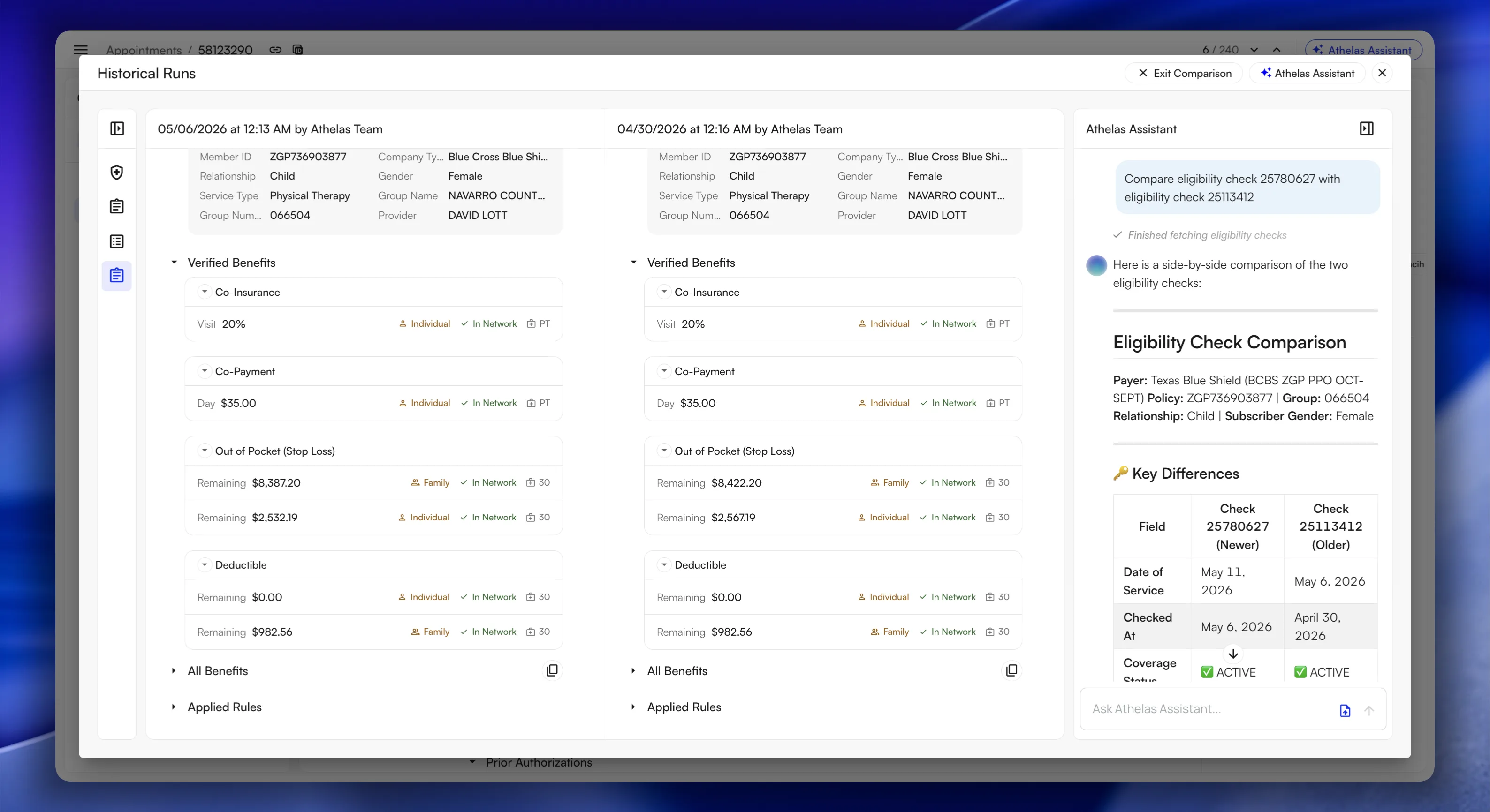 Historical eligibility runs compared side by side on the Appointments page, with Athelas AI summarizing the key differences between two eligibility checks